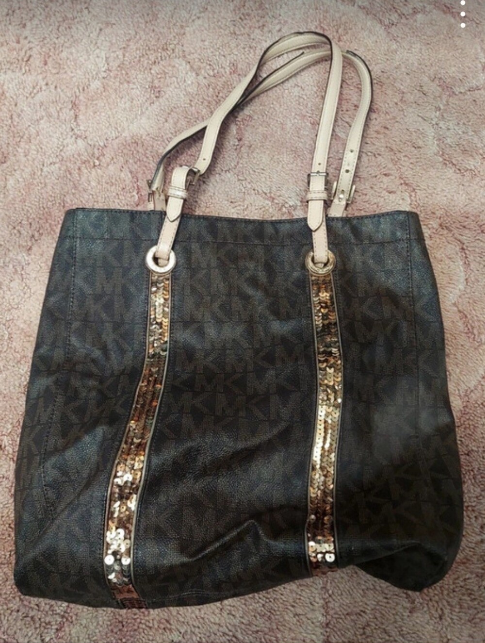 Michael Kors Black Logo Tote with Gold Sequin Strips and Cream Straps